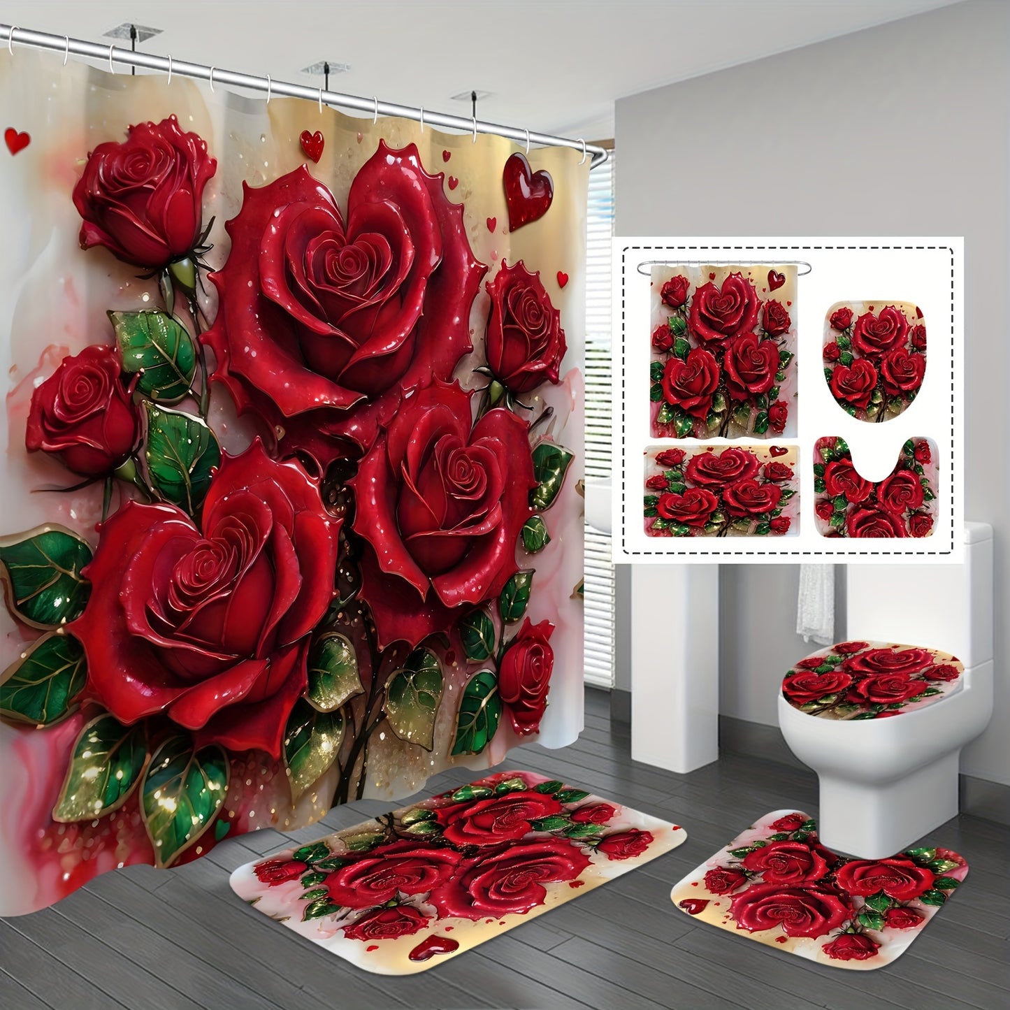 Valentine's Day bathroom set with red rose shower curtain, 12 hooks, non-slip bath rug, U-shape mat, and toilet lid cover pad.