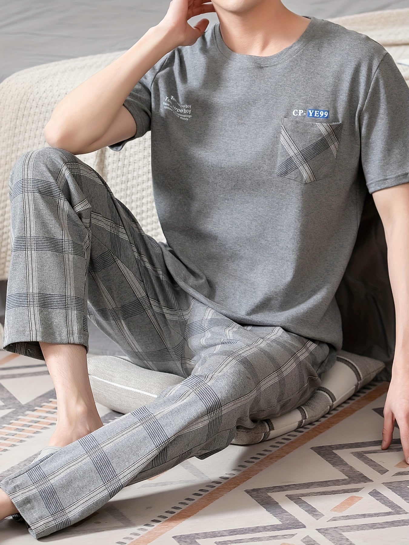 Men's summer pajamas made of pure cotton with short sleeves and long pants, lightweight and available in plus sizes for young adults.