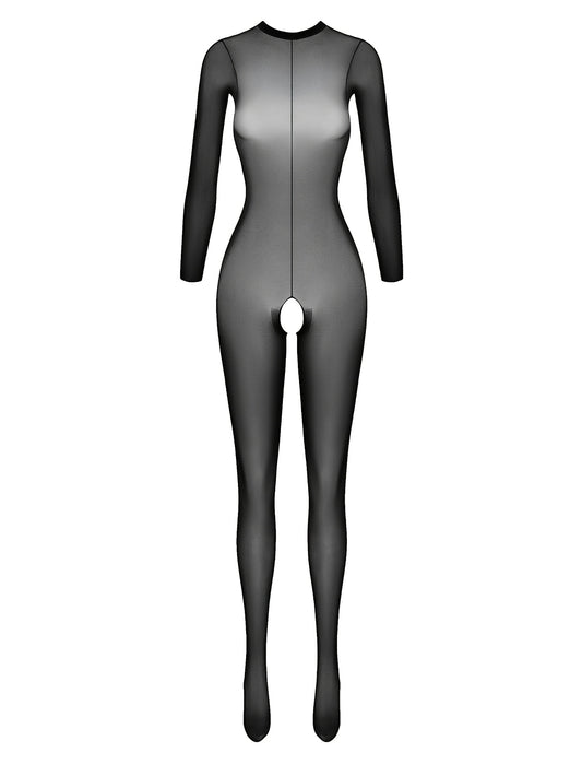 High-waisted mesh bodysuit for women with long sleeves, made of stretchy nylon/elastane blend, perfect for intimate wear.