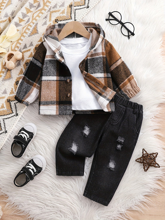 Baby's plaid hooded shirt with casual jeans - ideal for outdoor wear in fall and spring.