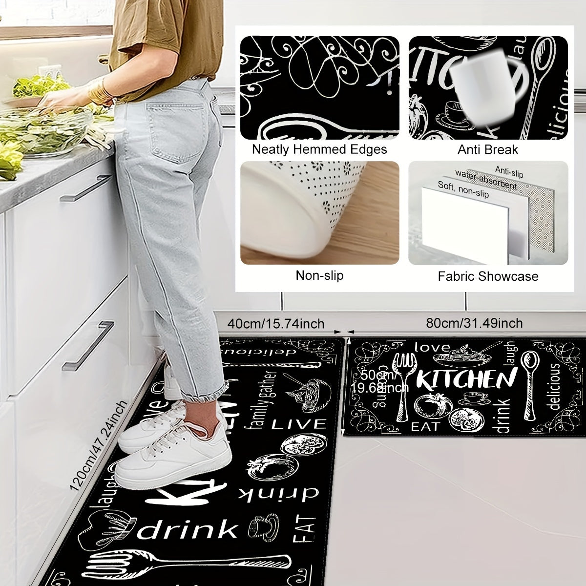 1pc Chic Black Kitchen Floor Mat featuring Cooking & Dining Themes, Non-Slip, Washable Polyester with Utensil Illustrations. Great for Doorways, Laundry Rooms, Bathrooms, and adds a Personal Touch to Home Decor.