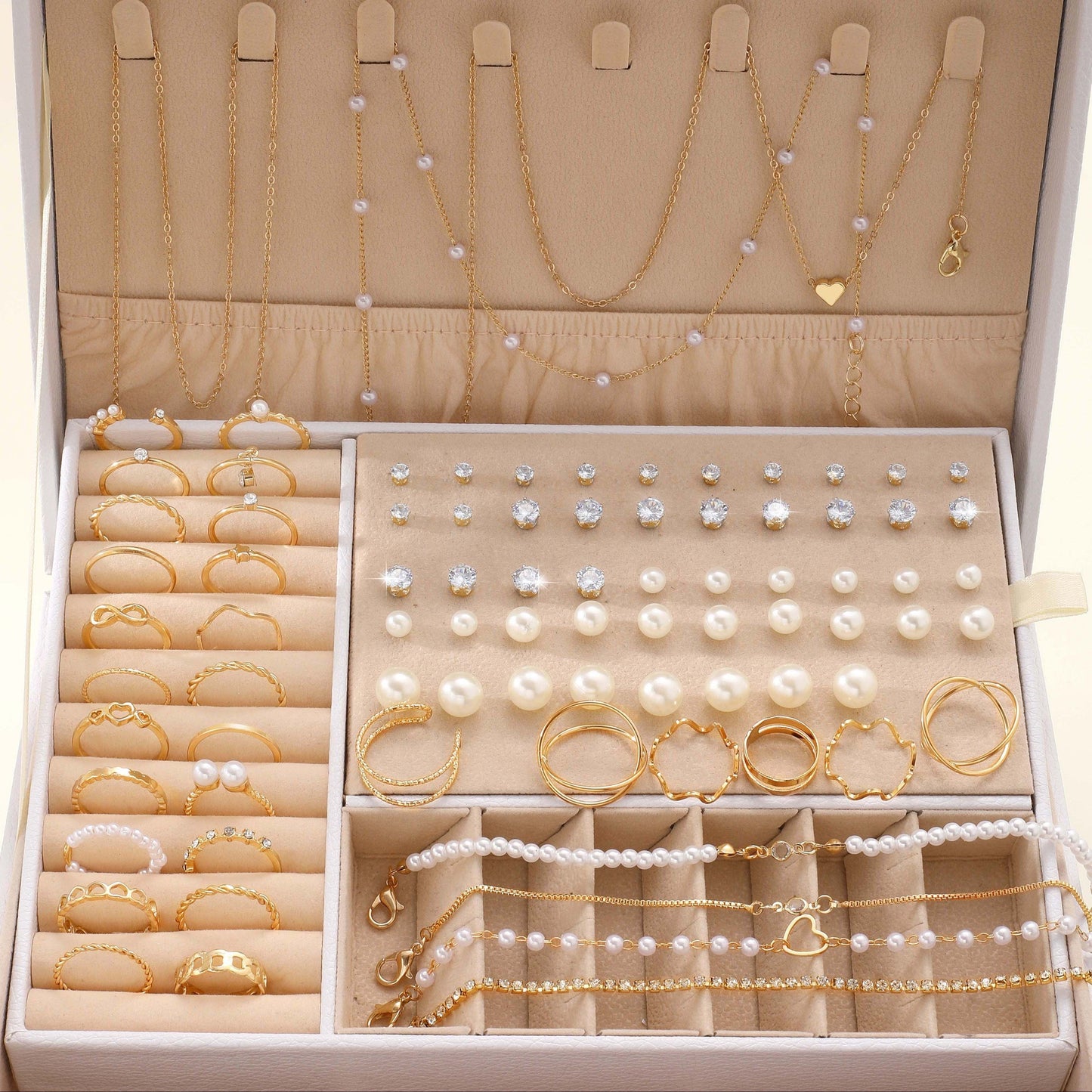 Chic jewelry set featuring 83 rings, stud earrings, necklaces, and bracelets adorned with inlaid faux pearls. Perfect for matching daily outfits, accessorizing parties, or adding a touch of style to casual dating attire. (Note: Does not come with a box)