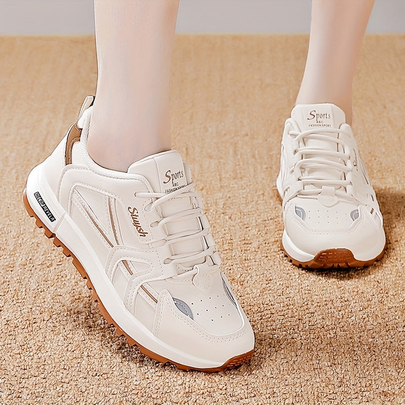 Women's Casual Athletic Sneakers in White with Black Accents - Lightweight, All-Season, Low-Top Lace-Up Shoes with Faux Leather & Mesh Interior, Comfortable PU Sole, Hand Washable