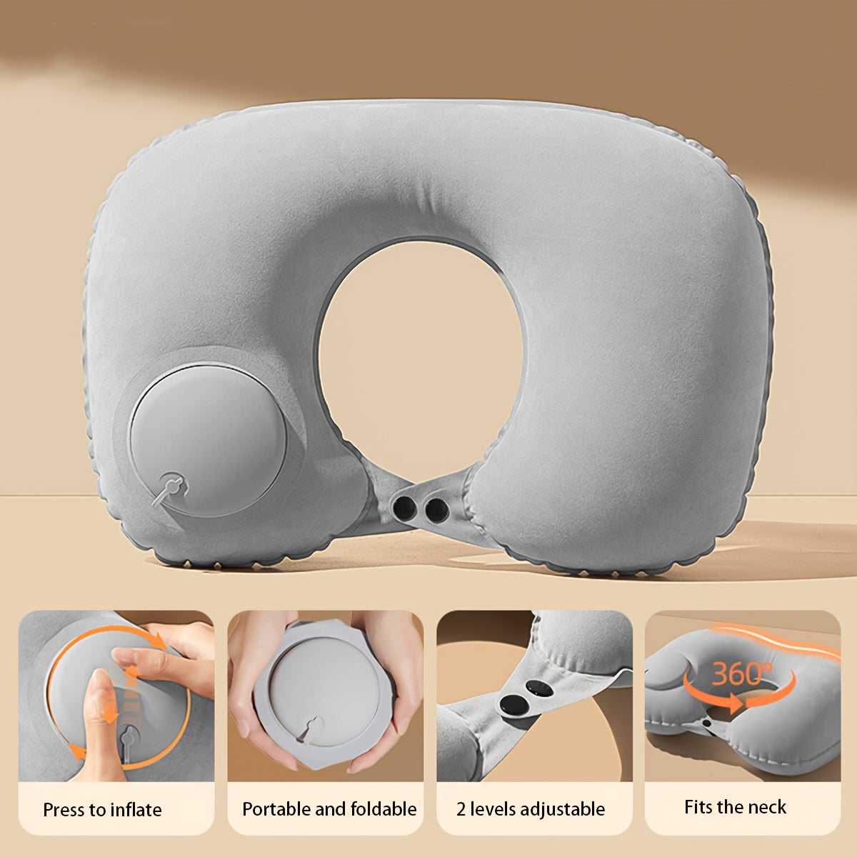 Grey TravelMate Adjustable Compressed Inflatable U-Shaped Neck Pillow with 2 Air Pressure Levels for Office and Car Use, Portable and Foldable Car Neck Support Cushion, Easy Inflate and Spot-Clean