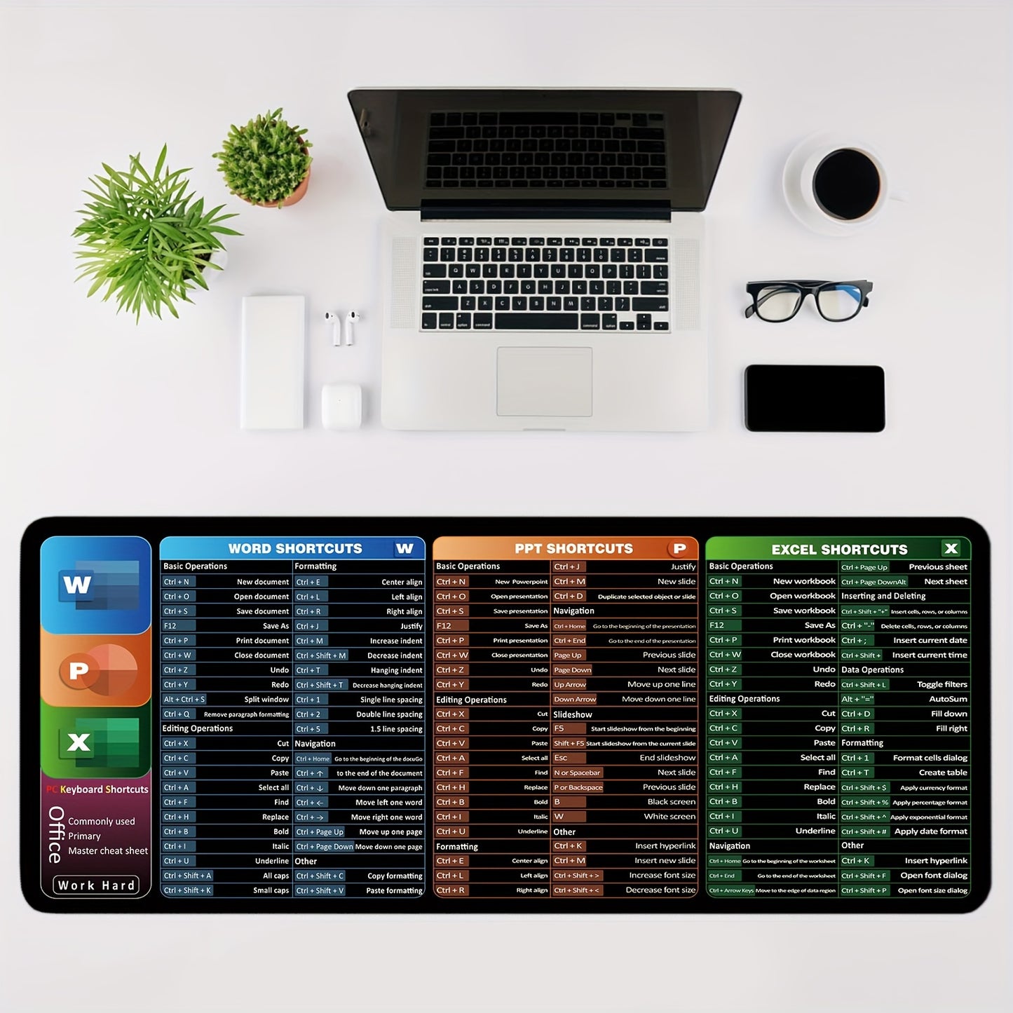 Large mouse pad with printed shortcuts for Word, PPT, Excel. Non-slip, washable, ideal for home, office, gaming. Great gift for partner.