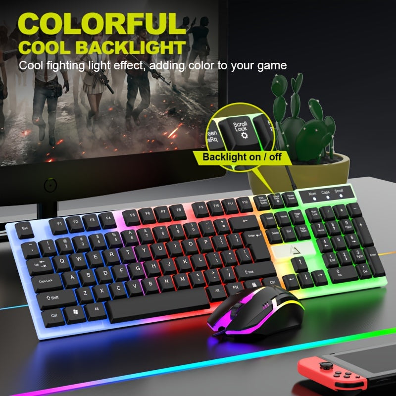 GT100 Luminous Gaming Keyboard & Mouse Combo with 104 Keys, Colorful LED Backlight, PC & USB Compatible, Black & White Design, Ergonomic Gaming Gear, Durable.