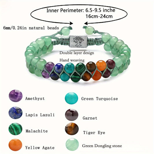 Stylish 7 Chakra Yoga Meditation Bracelet - Featuring Double Layer of Authentic Natural Gemstone Beads, Including Tiger Eye & Obsidian Crystals for Alleviating Anxiety and Attracting Good Fortune