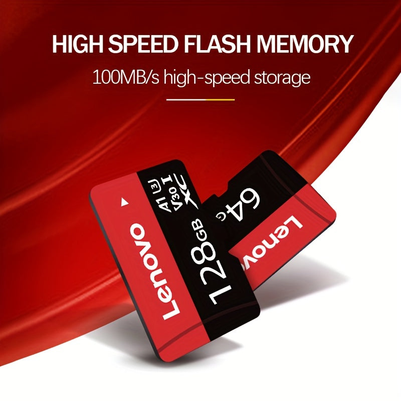 Lenovo High-Speed SD Card, sizes ranging from 32GB to 256GB, with UHS Class 10, V30, and A1 compatibility. Includes Micro SD adapter for multiple devices.