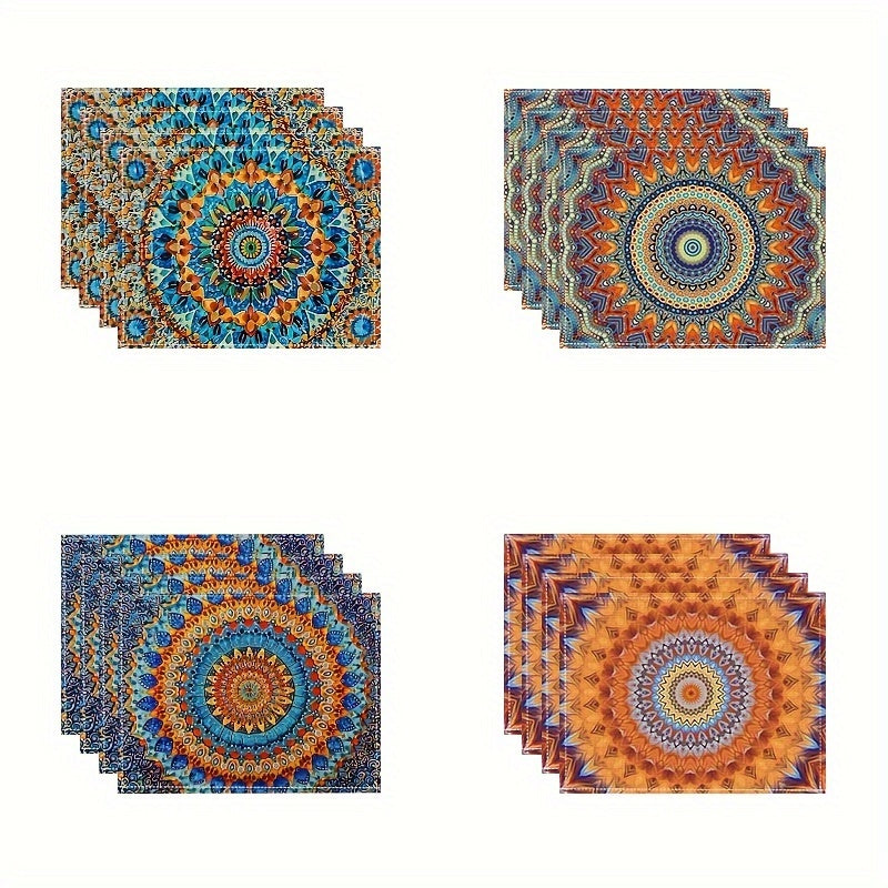 4 Mandala-style placemats with a Persian Bohemian design, heat resistant and washable, suitable for home and restaurant use.