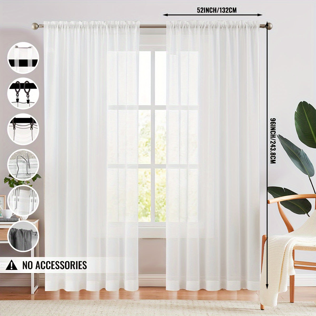 Set of 2 White Sheer Privacy Curtains – Semi-Transparent Window Drapes for Bedroom and Living Room, Filtering Light with Scratch-Resistant Material. Features Rod Pocket, Hooks Belt, Back Tab, Clip Rings, and Track System for Easy Hanging. Stylish Curtain