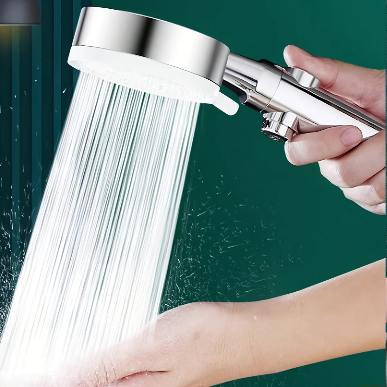 Shower head with 5 functions and on/off button, includes high pressure feature and 1.5m hose.