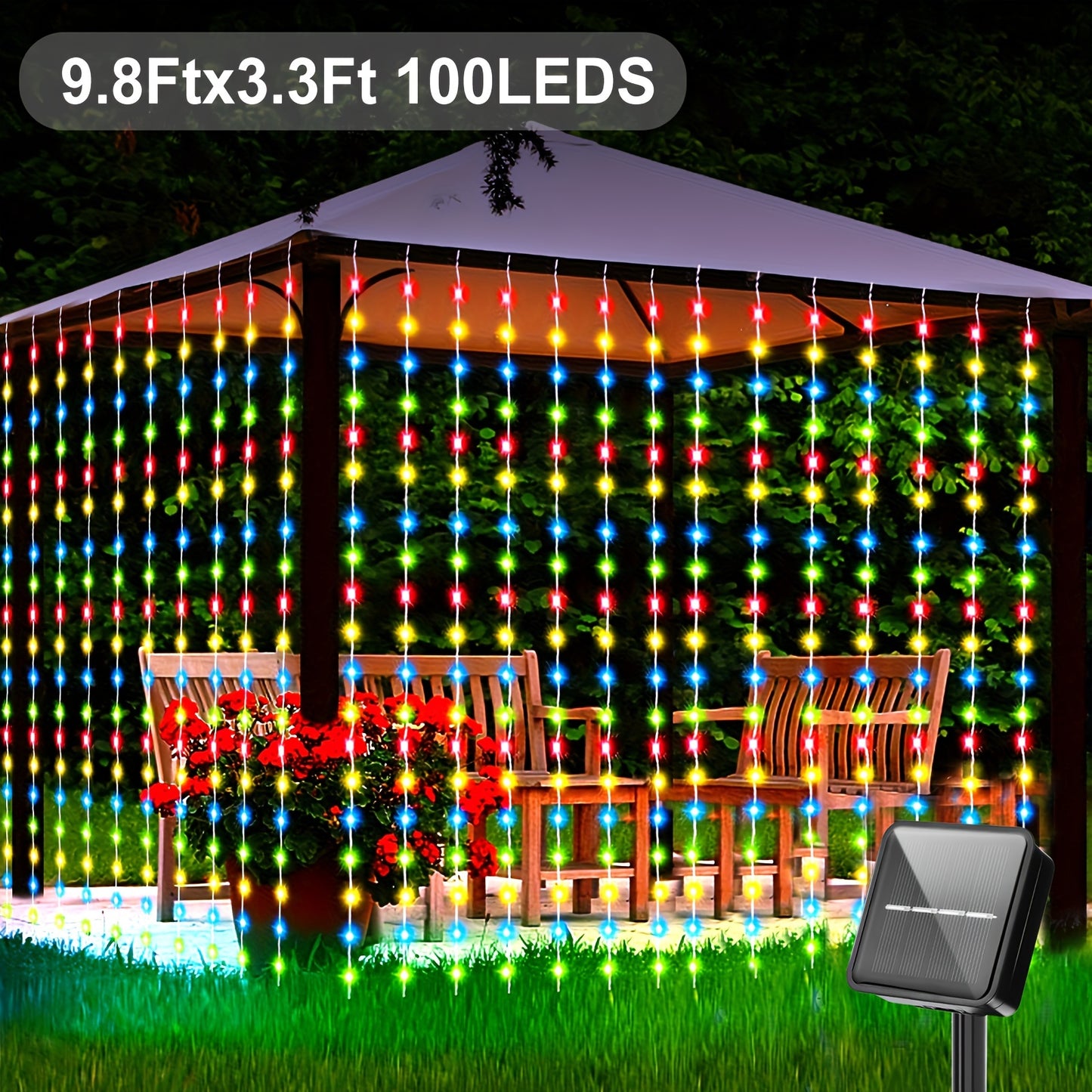 Solar powered waterfall LED string lights with 300 LEDs, 8 modes. Ideal for outdoor and indoor decor, great for camping, weddings, parties, RV, and patio. Dimensions: 298.7x298.7cm.