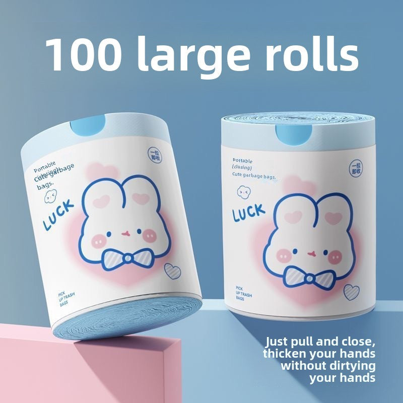 Pack of 100 adorable rabbit print drawstring trash bags, perfect for kitchen use. Made of disposable plastic, these garbage bags are ideal for various household tasks. Featuring a thickened design for durability.