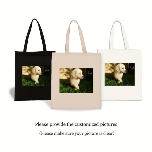 Customize your own puppy style hot print canvas bag with this pack of 2 bags. Simply send us the picture you want to use, and we will design and print it onto the canvas bag in a simple and fashionable style. Choose from 3 different colors for your bag