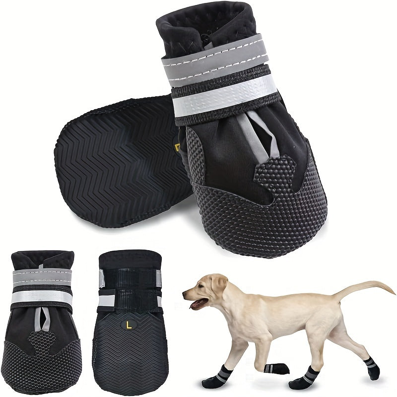 4 waterproof dog boots with reflective straps keep your dog's paws safe and dry.