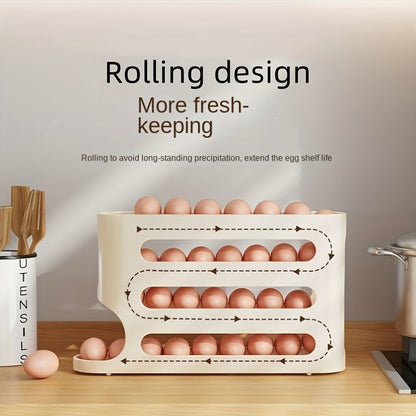 Rolling egg holder for refrigerator with large capacity, stackable and BPA-free. No batteries needed.