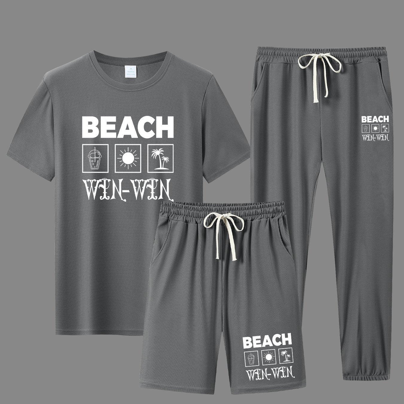 BEACH Men's 3-Piece Casual Sportswear Set includes crew neck short sleeve t-shirt, shorts and long pants. Made of 100% polyester knit fabric with slight stretch and patterned print.