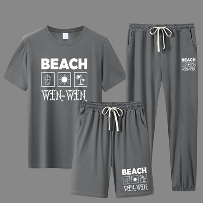 BEACH Men's 3-Piece Casual Sportswear Set includes crew neck short sleeve t-shirt, shorts and long pants. Made of 100% polyester knit fabric with slight stretch and patterned print.