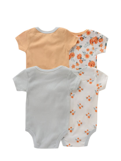 4-piece set of newborn short sleeve one-piece suits with alphabet print and embroidery. Suitable for babies aged 0-9 months.