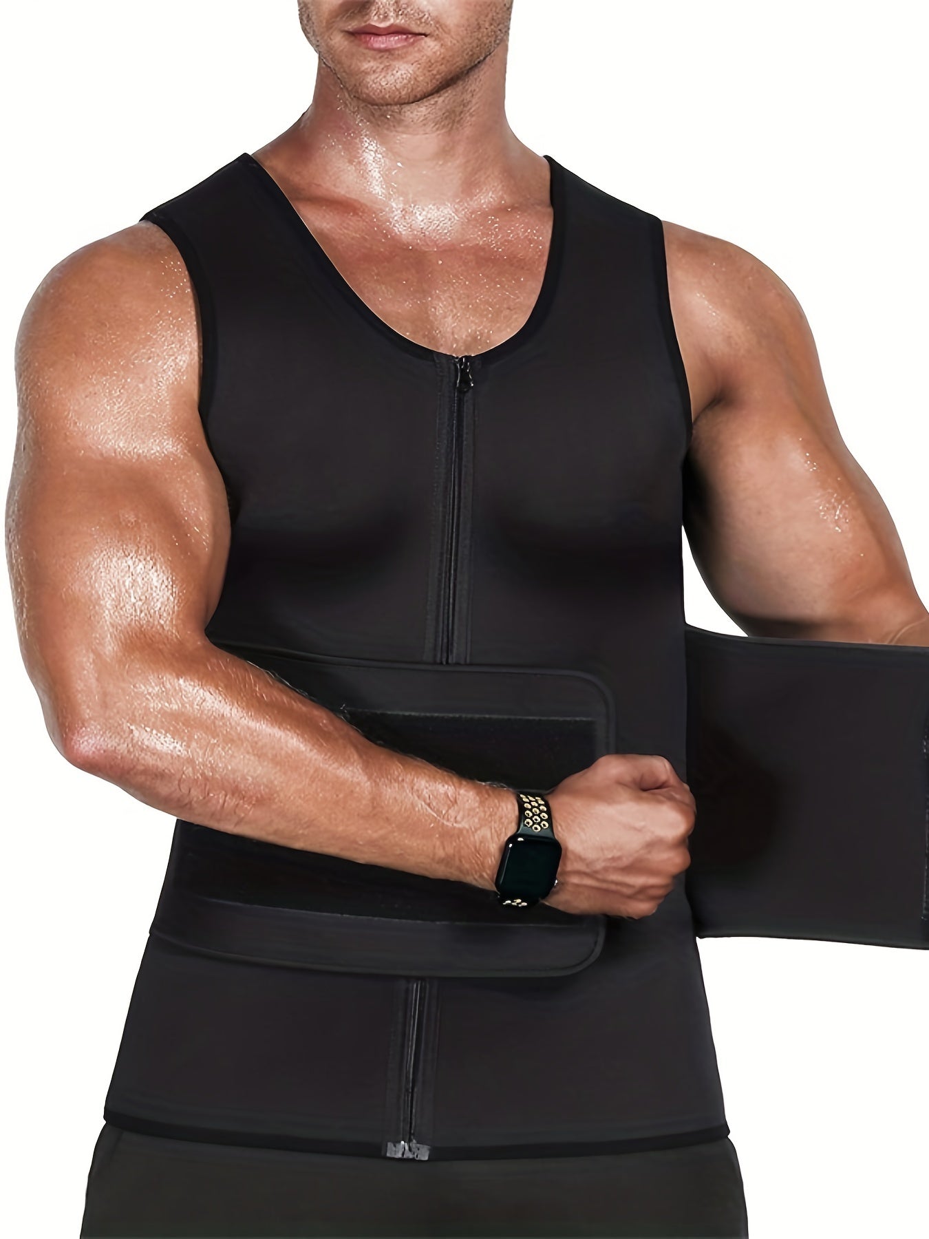 Men's body shaper tops with tummy control belt, sleeveless round neck tank tops.