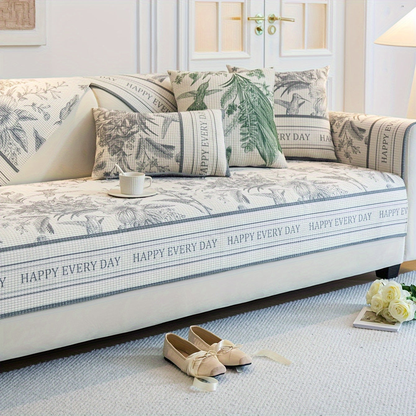 French vintage sofa cover with pet-friendly, machine washable, short plush jacquard design suitable for all seasons.