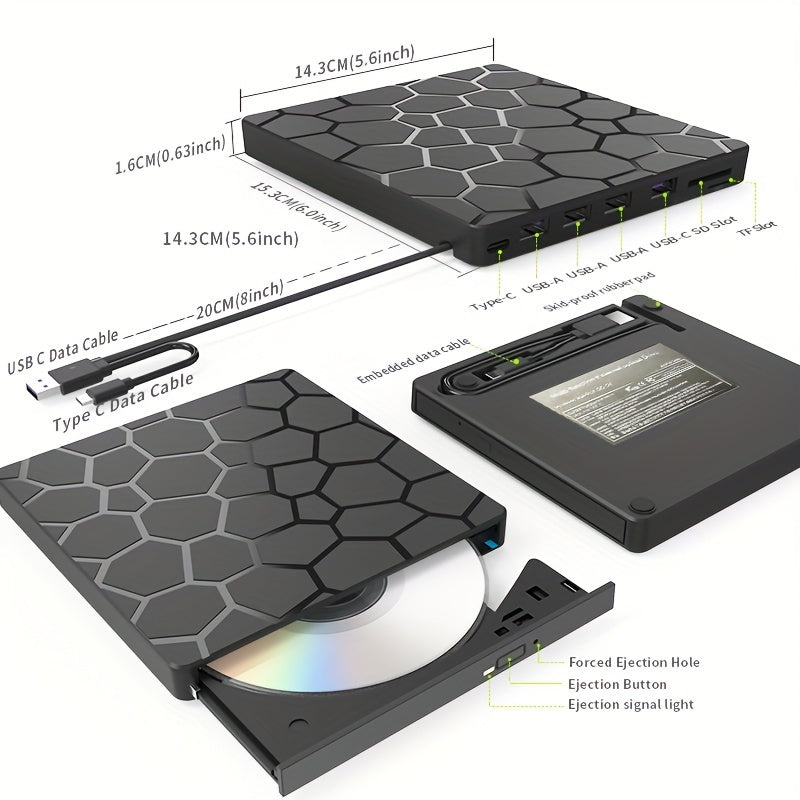 Compact CD/DVD drive for laptops with USB 3.0, Hexagonal design, and playback/burning capabilities for Windows, Mac, Linux. Supports CD/VCD/DVD.