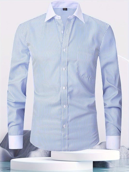 Men's French-style dress shirt with stripes and cufflinks included.