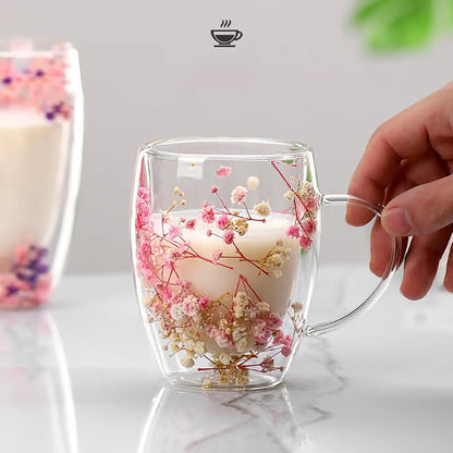 Glass coffee mug with dried flowers, double-walled espresso cups for hot drinks, perfect for all seasons, ideal for birthdays.