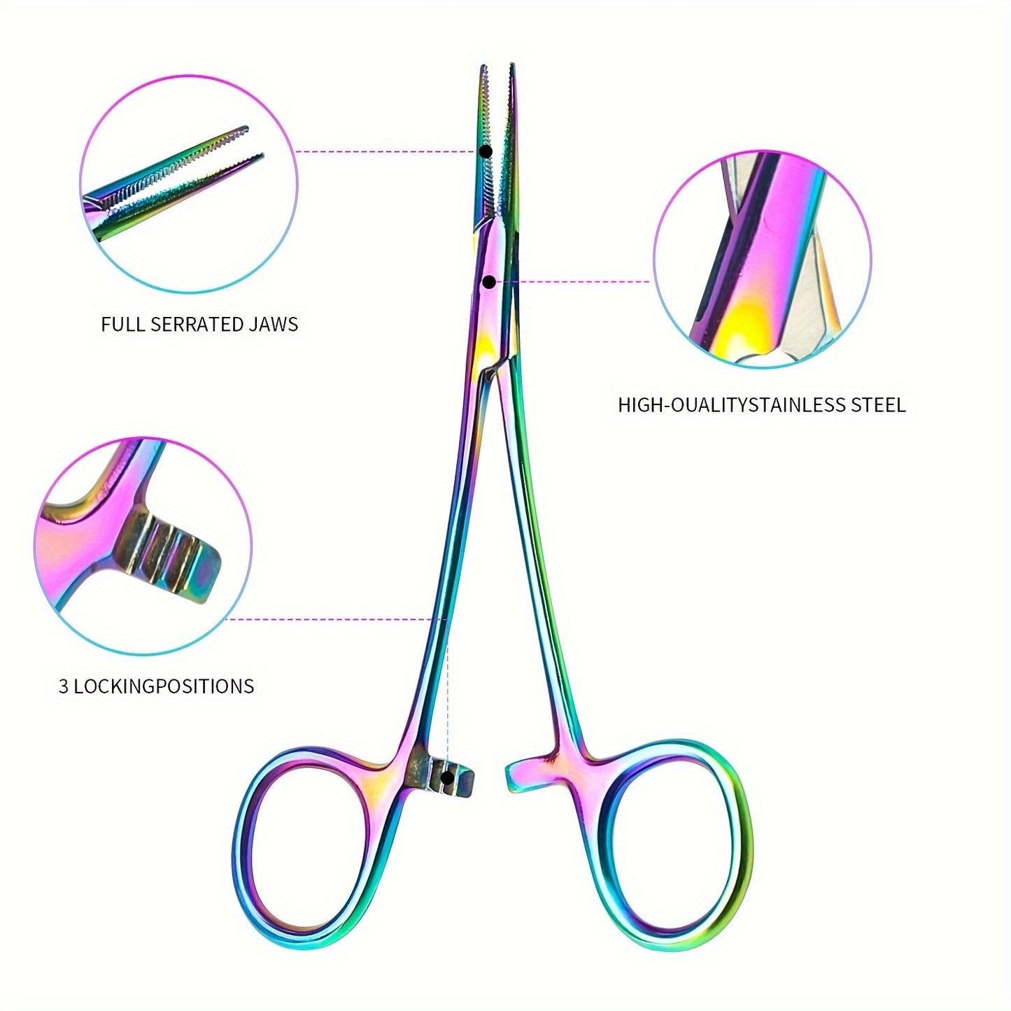 Set of 2 rainbow-colored hemostat forceps made of stainless steel, with straight and curved pliers for medical, veterinary, and hobby use. Ergonomic design for rust-resistance and