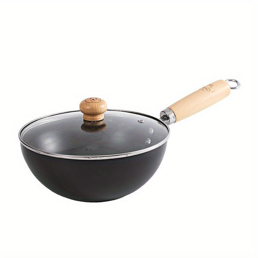 Mustahkam oshxona idishlari: Gaz pechlari uchun qoplamasiz, qopqoq bilan bir marta xizmat qiladigan non-stick pan - An'anaviy Xitoycha mini temir wok