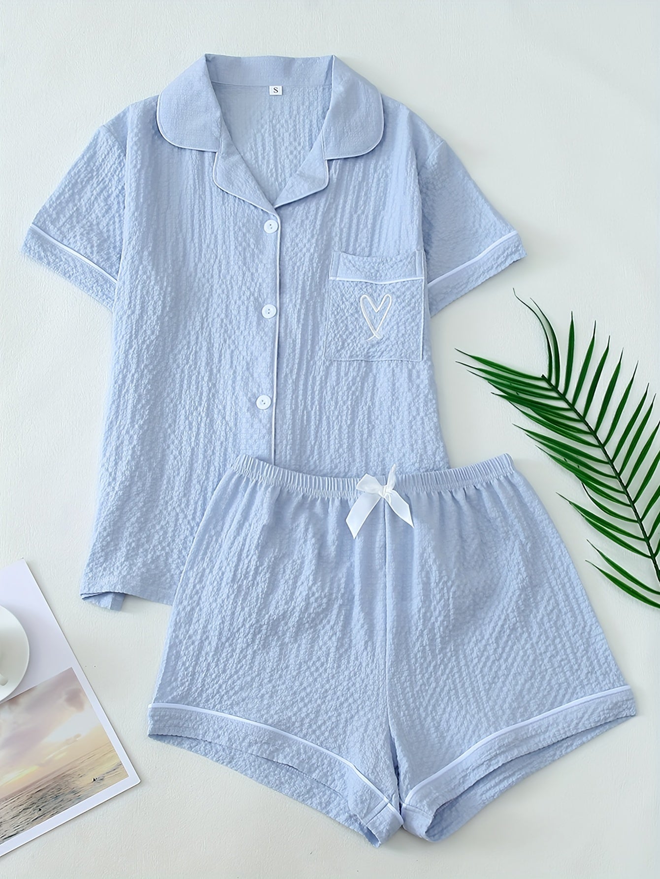 Women's Casual Pajama Set: Light Blue with Heart Embroidery, Short Sleeve Top and Shorts, Polyester/Spandex Blend, Woven Placket, Spring/Summer/Fall Sleepwear