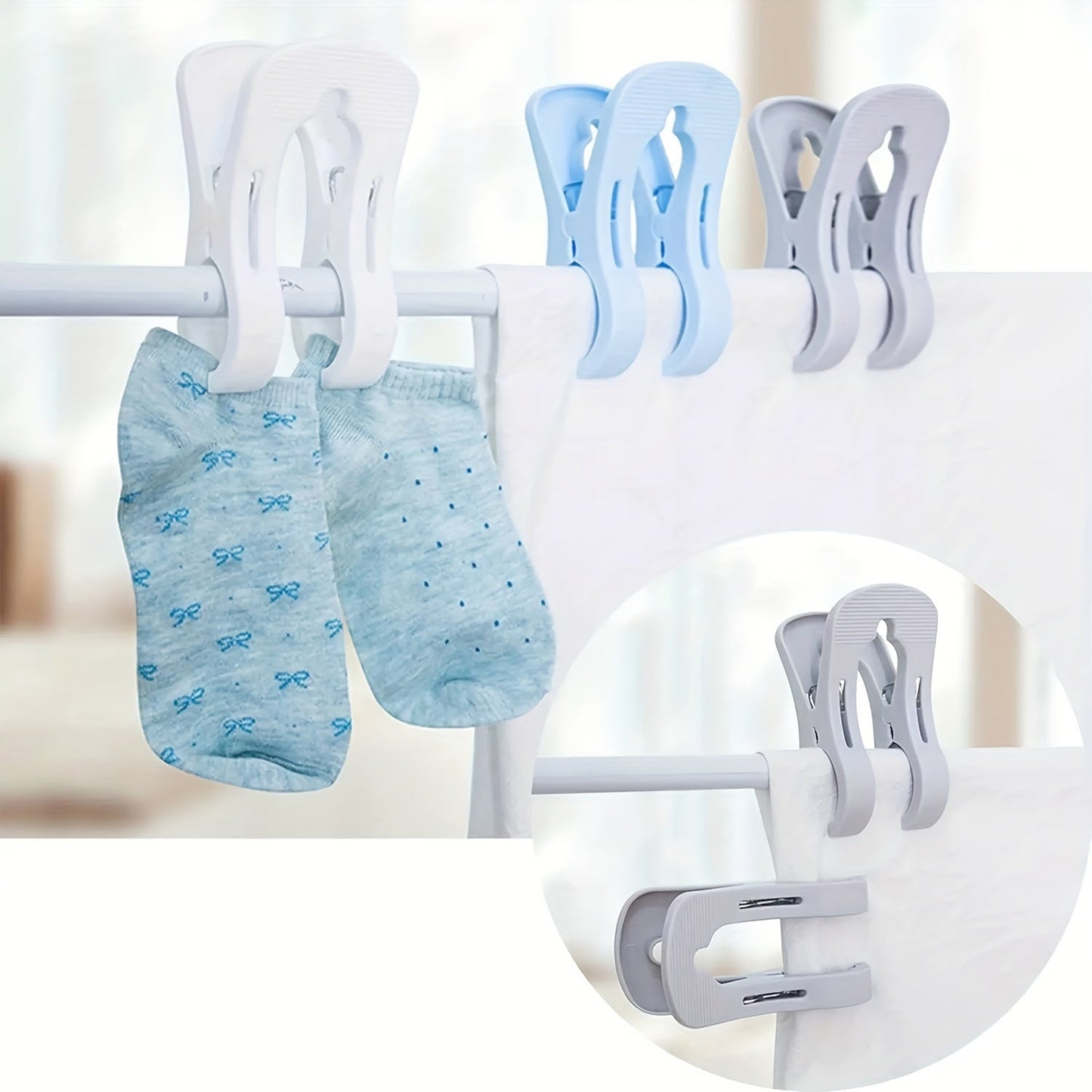 Half Pack of Multifunctional Double Clip Clothespins made with Non-Slip Windproof Polypropylene, ideal for attaching Quilts. Recommended for Hand Washing Only. Perfect for Towels and Clothes Drying on Sunbeds or Loungers. Available in White, Grey, and