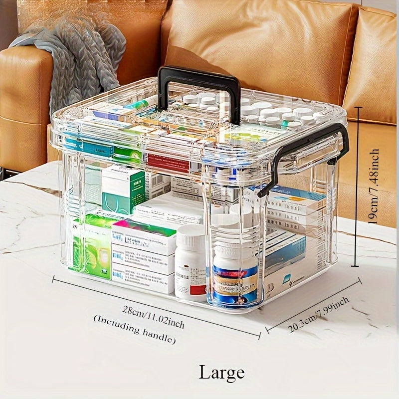 Large waterproof family medicine organizer with double-layer, transparent storage box for home and travel organization.