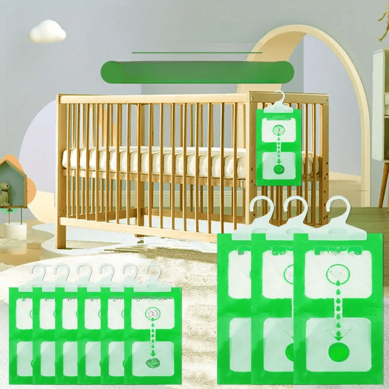 4 Green Hanging Wardrobe Dehumidifier Bags with Transparent Window, Non-Toxic Odor Eliminator for Closet, Portable & Battery-Free, Ideal for Home Use.