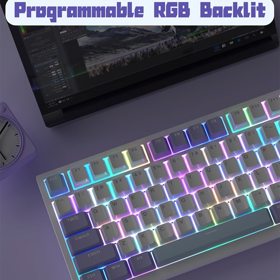 AJAZZ AK820 is a 75% wired mechanical gaming keyboard with volume knob, South-backlit LED, PBT keycaps, swappable RGB keys, ergonomic design, detachable USB-C cable, and keycap puller