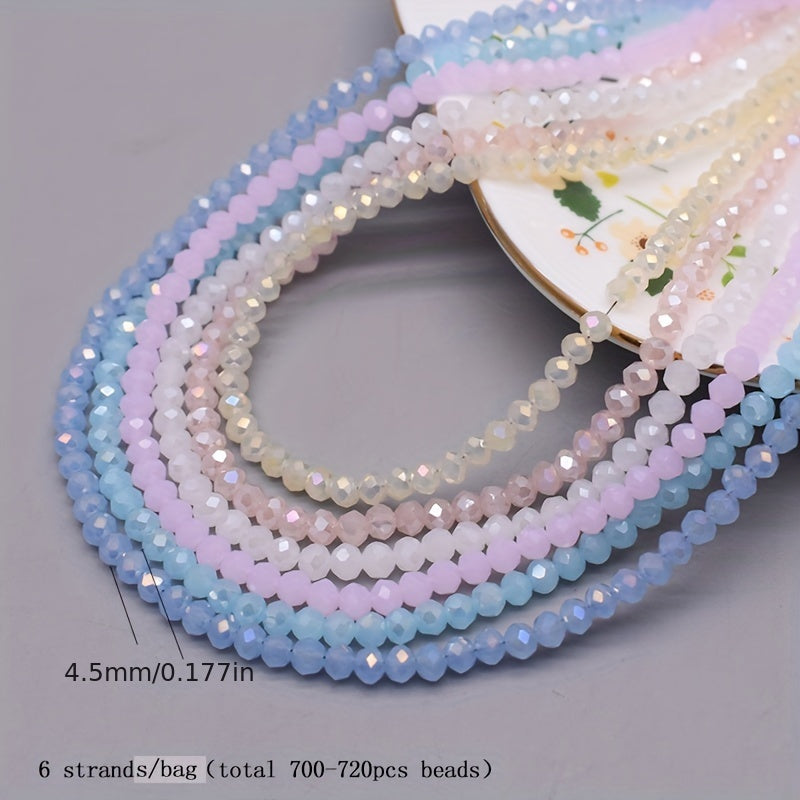 720 pieces of faceted glass rondelle beads measuring 4mm each, sold in a convenient bag. Perfect for crafting jewelry, DIY projects, and adding embellishments to clothing items such as necklaces, bracelets, and more.