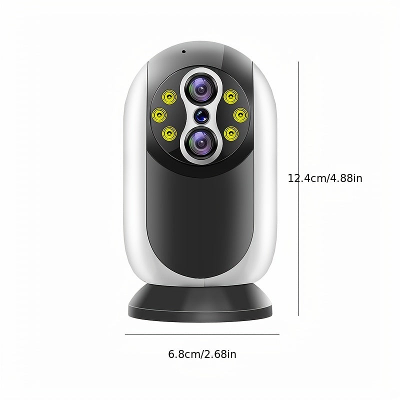 Wireless WiFi baby monitor with high definition dual lens camera, 3MP resolution, pan tilt control, 15x optical zoom, motion detection, bidirectional intercom, and network connectivity for home safety. SD card not included.