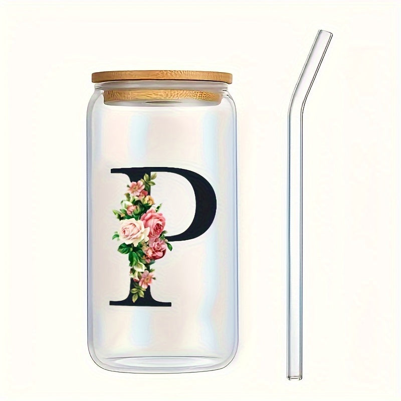 Alphabet flowers drinking glass with bamboo lid and straw, ideal birthday gift for women, friends, girls. 16 oz coffee glass, perfect for moms.