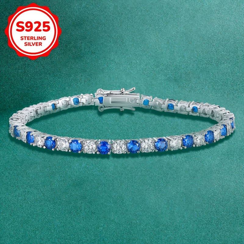 Women's Tennis Bracelet in 925 Sterling Silver with Blue & White Synthetic Cubic Zirconia Stones, Stylish Hip-Hop Design, Lightweight 8g, Perfect for October Birthdays, Versatile Piece for Daily and Party Wear All Year Round