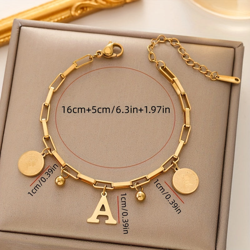 Golden-toned stainless steel bracelet for women, hip-hop inspired with "S" letter and round charms, 18K golden plated - perfect gift for girls