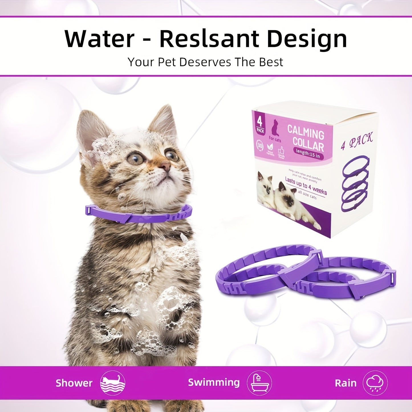 4-pack calming pheromone collar for cats and kittens, adjustable for small to large sizes, provides relaxation and comfort