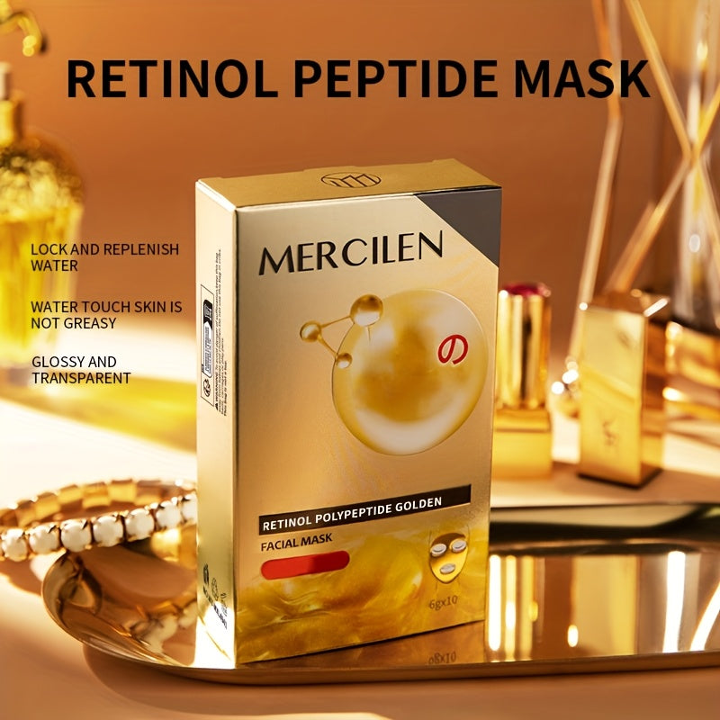 MERCILEN Retinol Polypeptide Golden Facial Mask - 10pcs, 6g each. Deep cleanse, firm, and moisturize for smooth, radiant skin. Contains Hyaluronic Acid & Vitamin E. Suitable for all skin