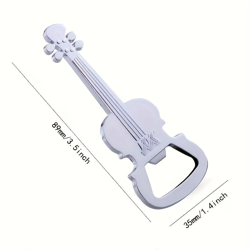 Silver guitar-shaped metal bottle opener, portable mini bar tool with keychain pendant, novelty musical instrument design, no power supply required.