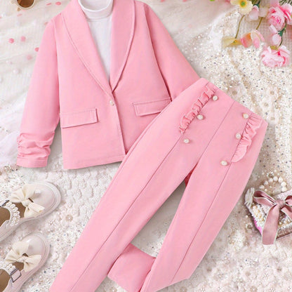 Stylish pink outfit for girls - formal wear with button detail, washable, ideal for fall/winter and outdoor events.