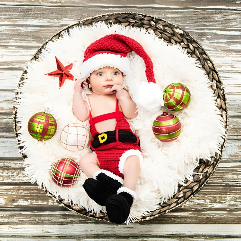 Charming Handmade Crochet Christmas Ensemble for Kids - Includes Cozy Knit Hat, Shorts, and Booties Set - Ideal for Kids' First Holiday Photoshoot and Baptism Present