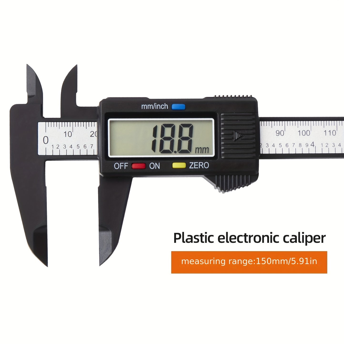 Digital caliper with LCD screen, auto-off feature, inch and millimeter conversion.