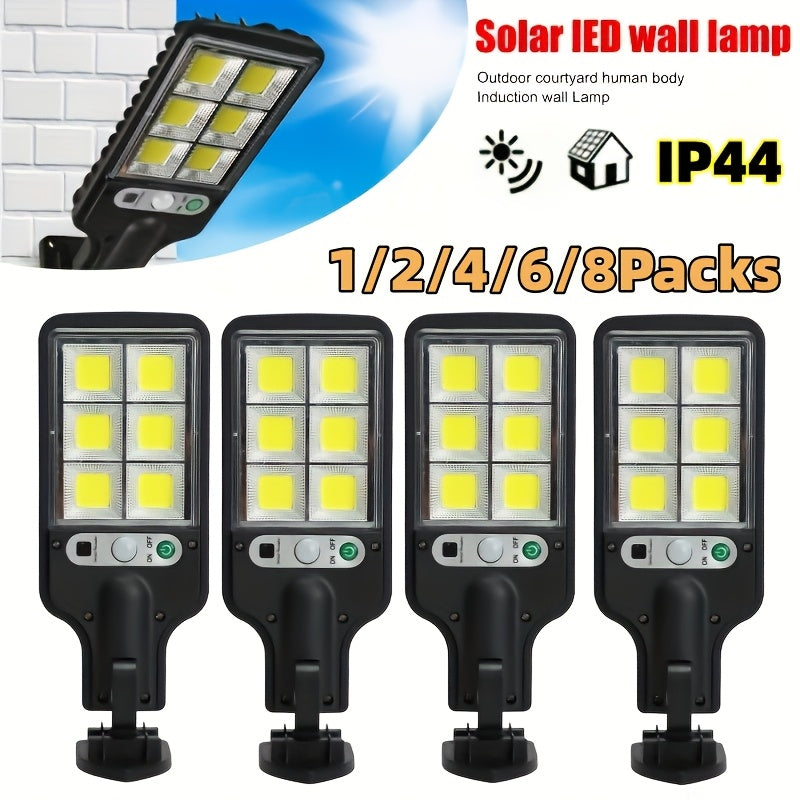 Solar LED wall lights with human body induction, motion sensor, remote control, 3 light modes. Suitable for garden, patio, path, security, outdoor wall. Push button control, plastic shade