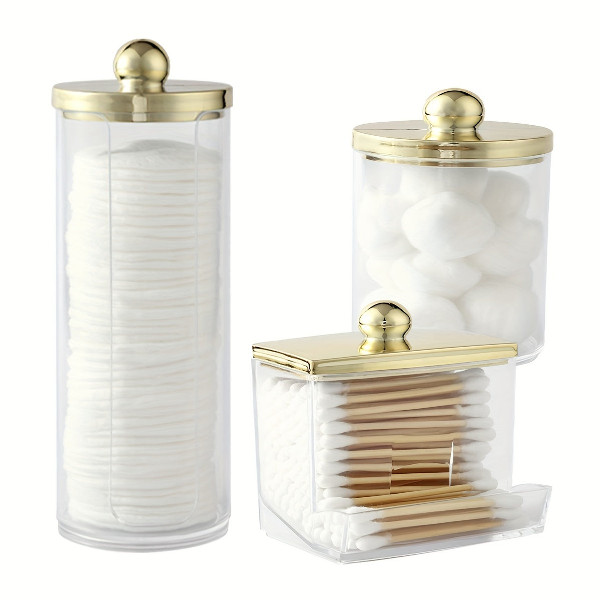 Bamboo-lidded cotton pad holder for bathroom organization.