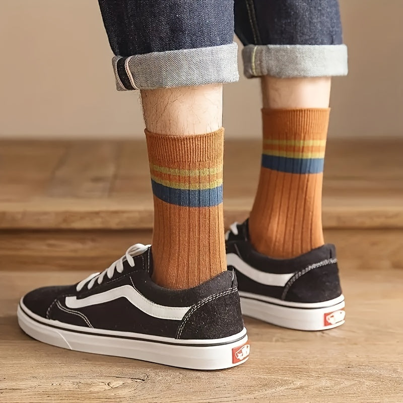 7 pairs of men's casual striped crew socks, anti-odor and sweat-absorbing for breathable comfort.