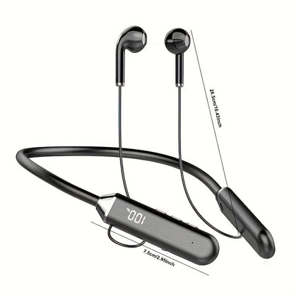 New wireless neckband earphones with display and sports noise-cancelling feature, long battery life, USB charging, volume control, plastic material, for recording devices.